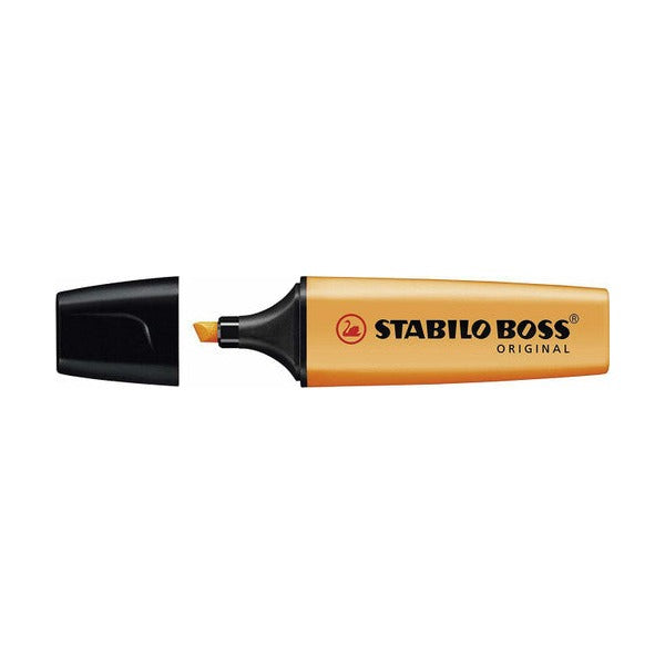 Stabilo Boss Original yellow highlighter marking a line across printed text on white paper