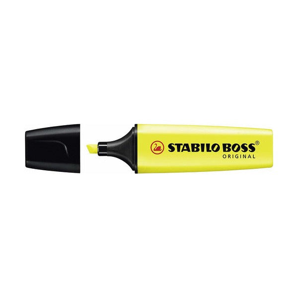 Front view of four Stabilo Boss Original yellow highlighters arranged side by side
