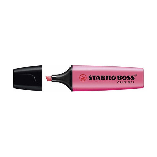 Stabilo Boss Original yellow highlighter uncapped showing chisel tip detail