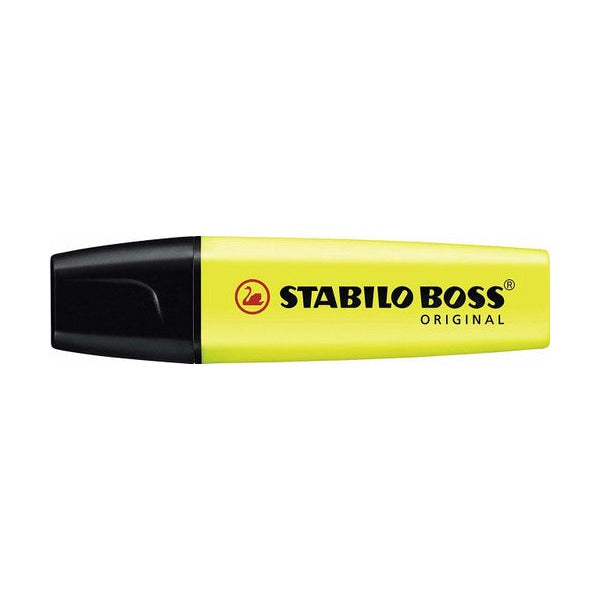 Stabilo Boss Original yellow chisel tip highlighter, front view on white background
