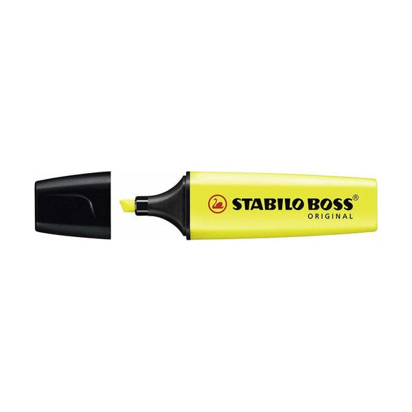 Box of 10 Stabilo Boss Original yellow highlighters, closed box showing product branding