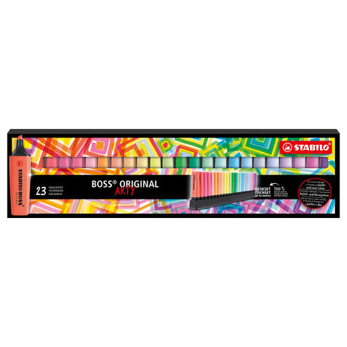 Stabilo Boss Original Arty desk set with 23 assorted highlighters arranged in a fan display