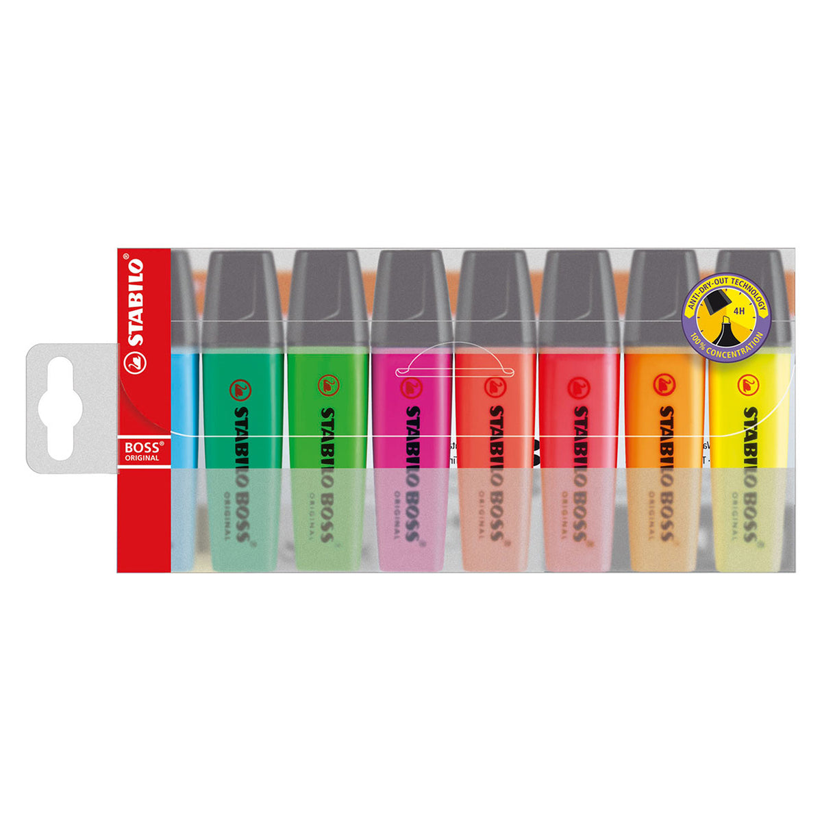 Front view of the STABILO BOSS ORIGINAL Highlighter Assorted Pack of 8 in retail packaging featuring Anti Dry Out Technology branding. The packaging clearly presents the fluorescent colour assortment and ready to display retail format.