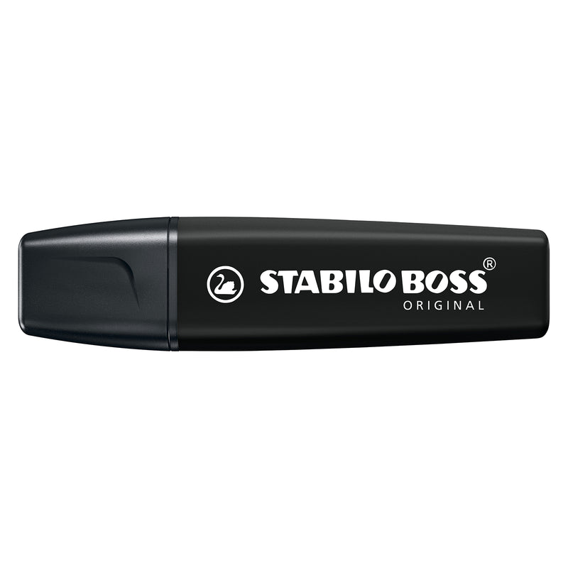 Retail box containing 10 STABILO BOSS ORIGINAL Black Highlighters presented in branded packaging, ideal for offices, classrooms and businesses requiring bulk supply.