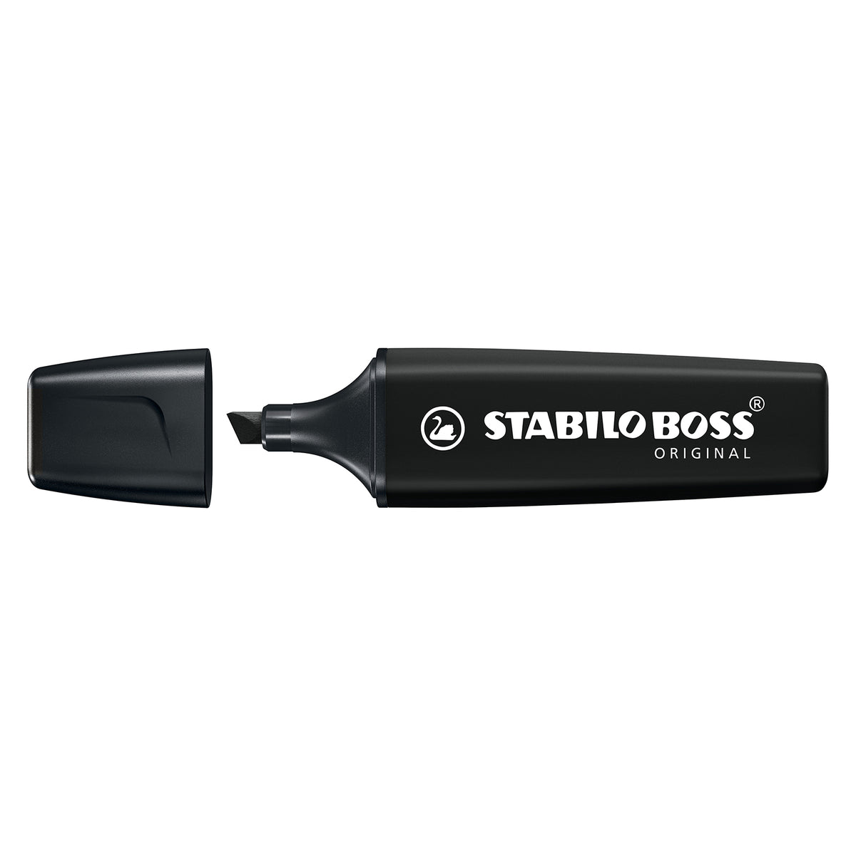 Side profile of the STABILO BOSS ORIGINAL Black Highlighter with the cap removed to reveal the durable chisel tip, providing a clear view of the writing end and refillable design.
