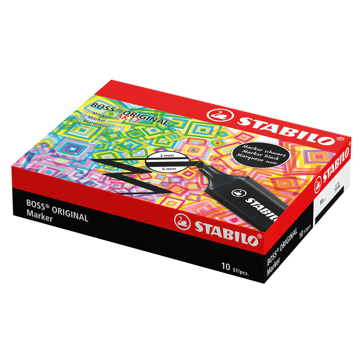 Front angled view of the STABILO BOSS ORIGINAL Black Highlighter box featuring colourful artwork and product information, showcasing the professional retail presentation and box of 10 format.