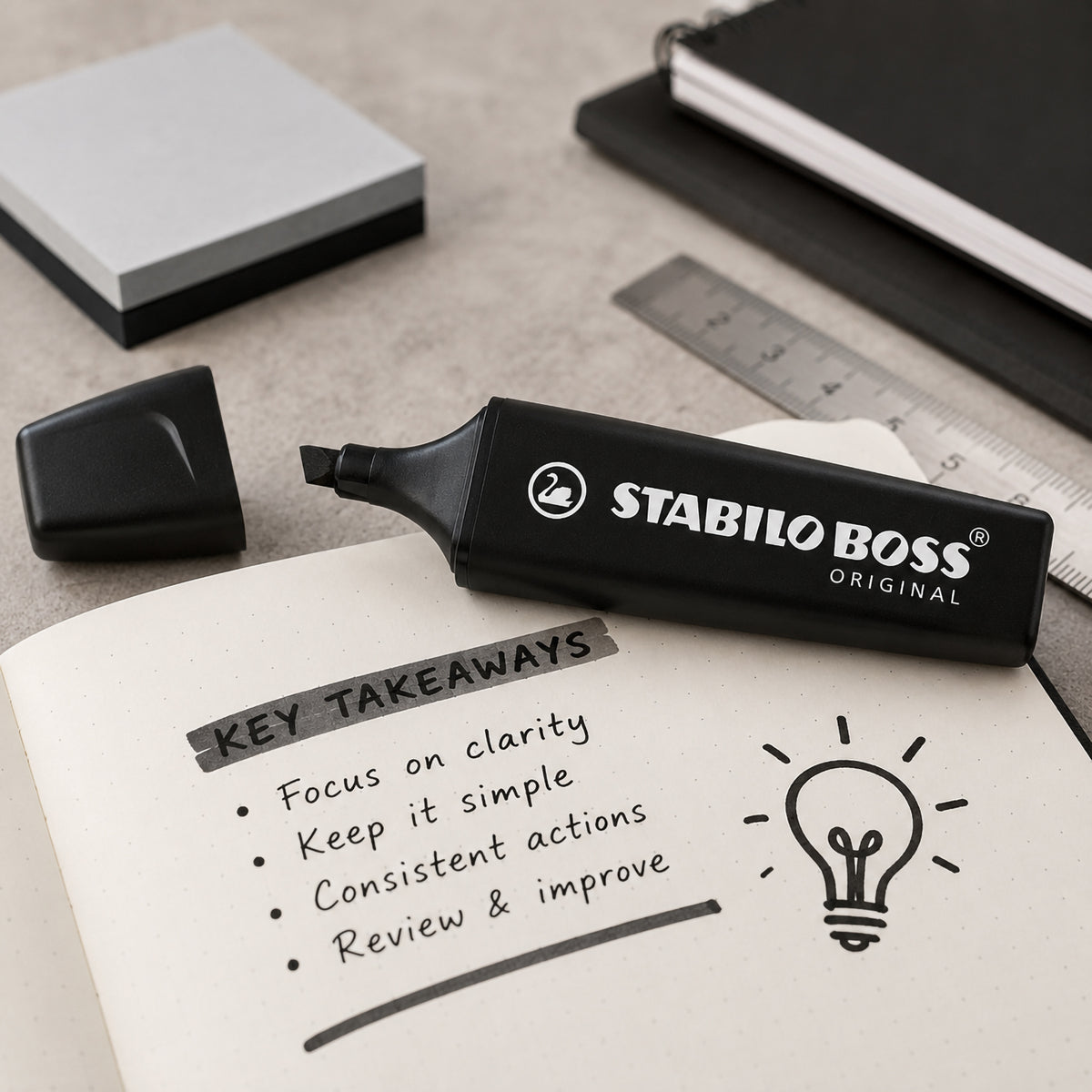 Close up of the STABILO BOSS ORIGINAL Black Highlighter resting on an open notebook featuring handwritten key takeaways. The uncapped marker highlights bold headings while surrounding stationery reinforces its use for creative and workplace productivity.