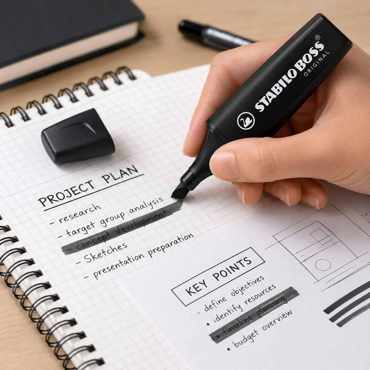 A hand uses the STABILO BOSS ORIGINAL Black Highlighter to emphasise key sections of a project planning notebook. The black ink creates bold headings and highlighted text, demonstrating the marker's suitability for office planning, study notes and professional organisation.