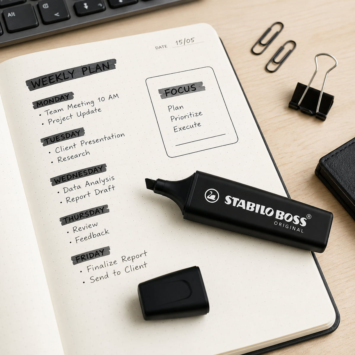 The STABILO BOSS ORIGINAL Black Highlighter displayed on a weekly planner with neatly organised schedules and highlighted priorities. The workspace includes office accessories, illustrating practical use for planning, meetings and project management.