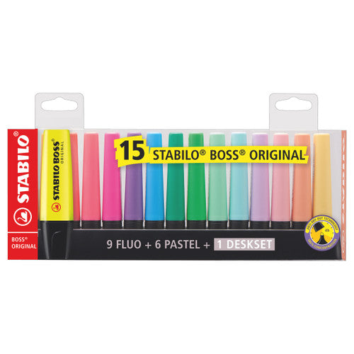 Stabilo Boss Original Highlighter Desk Set of 15 assorted colours in recycled plastic stand