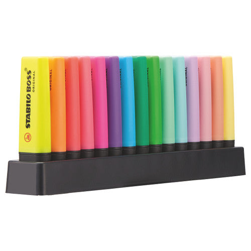 Stabilo Boss Original highlighters arranged by colour group - fluorescent and pastel shades