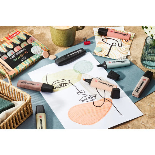 Multiple Stabilo Boss NatureColors Earth Green highlighters arranged side by side out of box