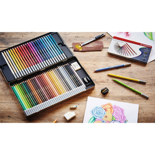 Stabilo CarbOthello tin open displaying 24 assorted chalk-pastel coloured pencils