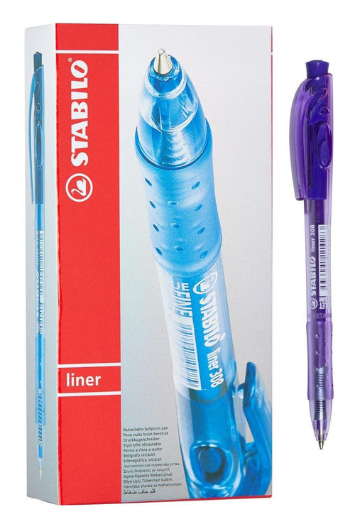 Stabilo Liner 308 retractable ballpoint pen in violet ink, medium 0.45mm tip, crystal-clear barrel shown on white background