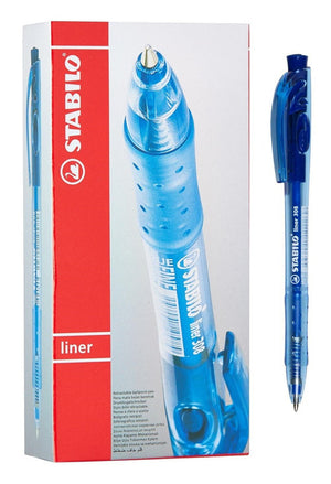 Stabilo Liner 308 retractable ballpoint pen in blue, medium 0.45mm tip, crystal-clear barrel shown on white background