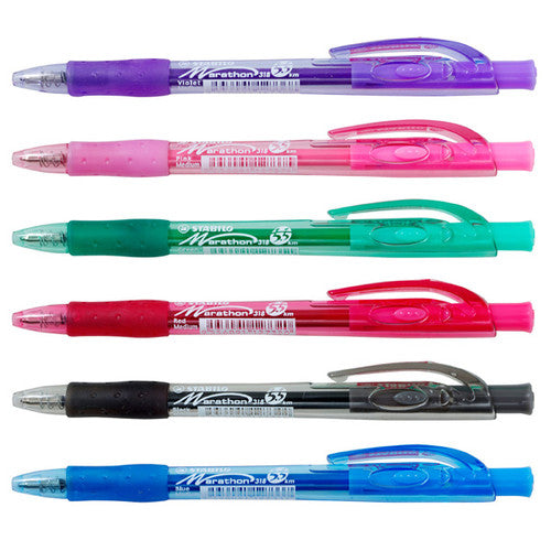 Box of 10 Stabilo Marathon 318 blue ballpoint pens arranged on a white surface