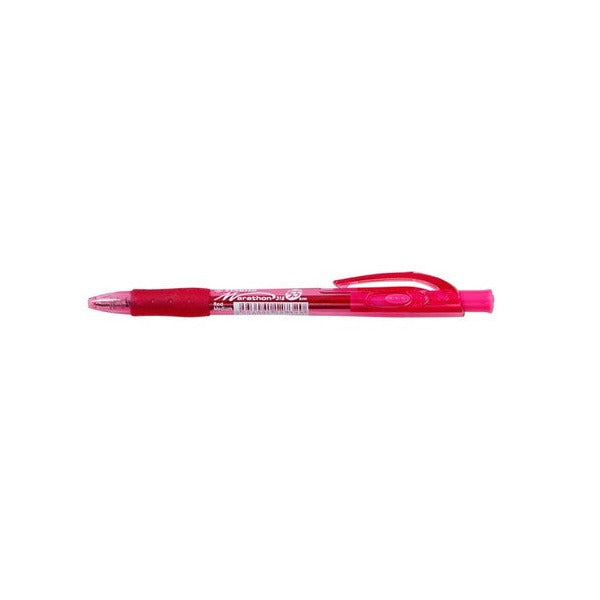 Single Stabilo Marathon retractable ballpoint pen in red lying flat, with a red rubber grip zone, tinted barrel and clip