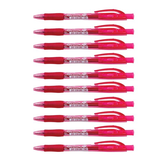Ten Stabilo Marathon red retractable ballpoint pens stacked in a row, each with a grip zone and a clip on the push end