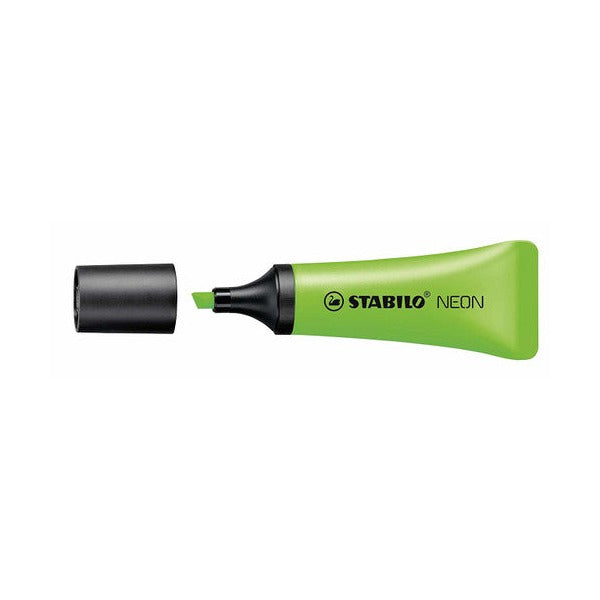 Front view of a single Stabilo Neon green highlighter showing tube design
