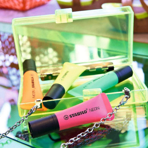 Side profile of the Stabilo Neon Orange Highlighter showing slim tube design and cap