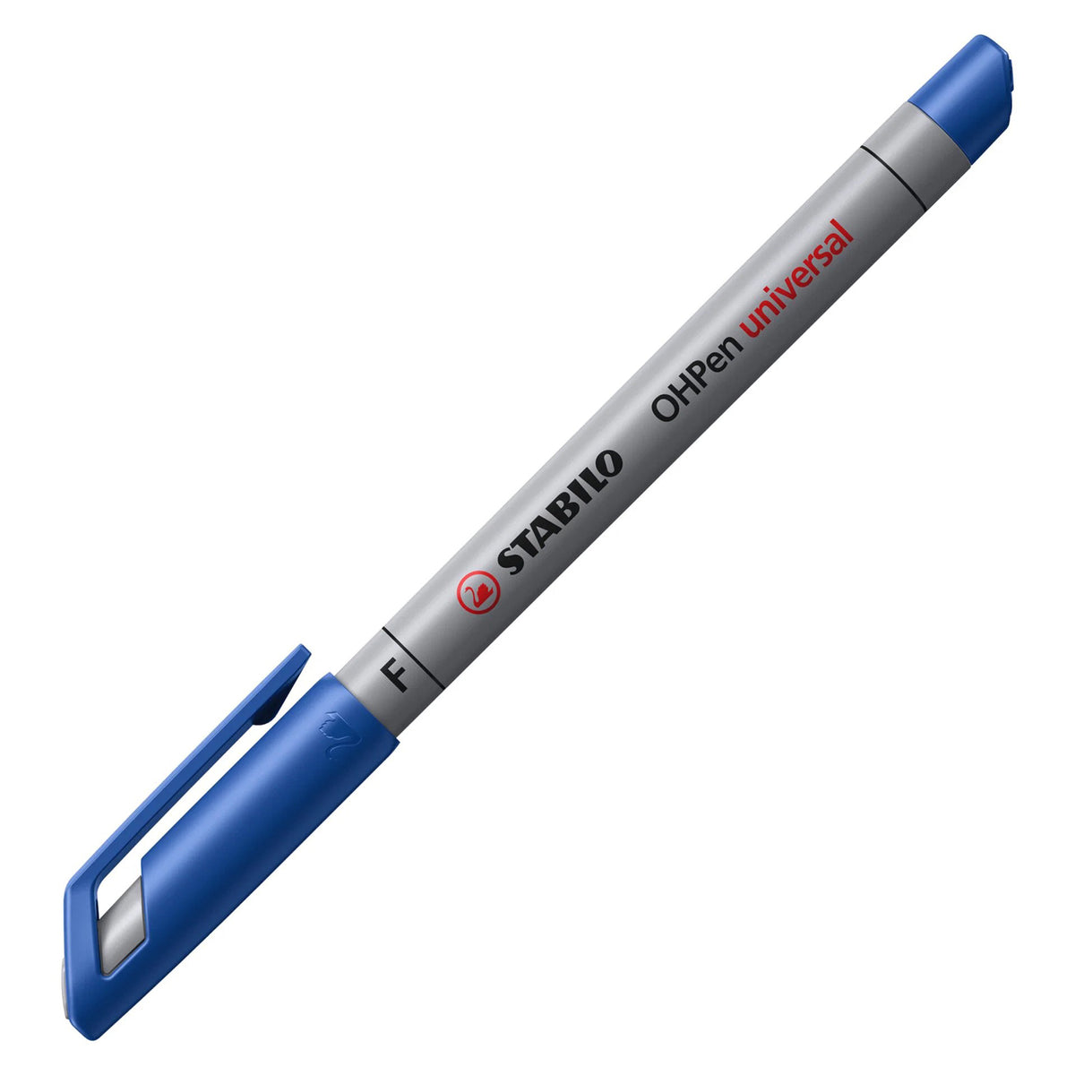 Angled product image of the STABILO OHPen Universal Fine Blue with the cap attached, displaying the silver barrel, blue accents and clean branding against a white background.