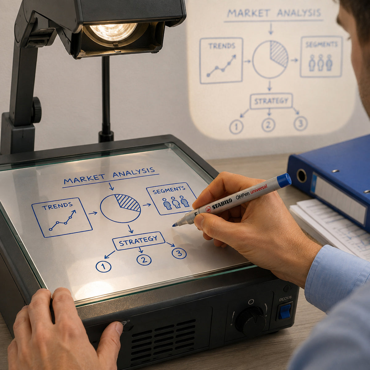 A professional uses the STABILO OHPen Universal Soluble Fine Blue to write detailed market analysis diagrams on an overhead projector transparency during a presentation. The fine blue pen demonstrates clear, precise writing for business meetings, teaching and presentations.