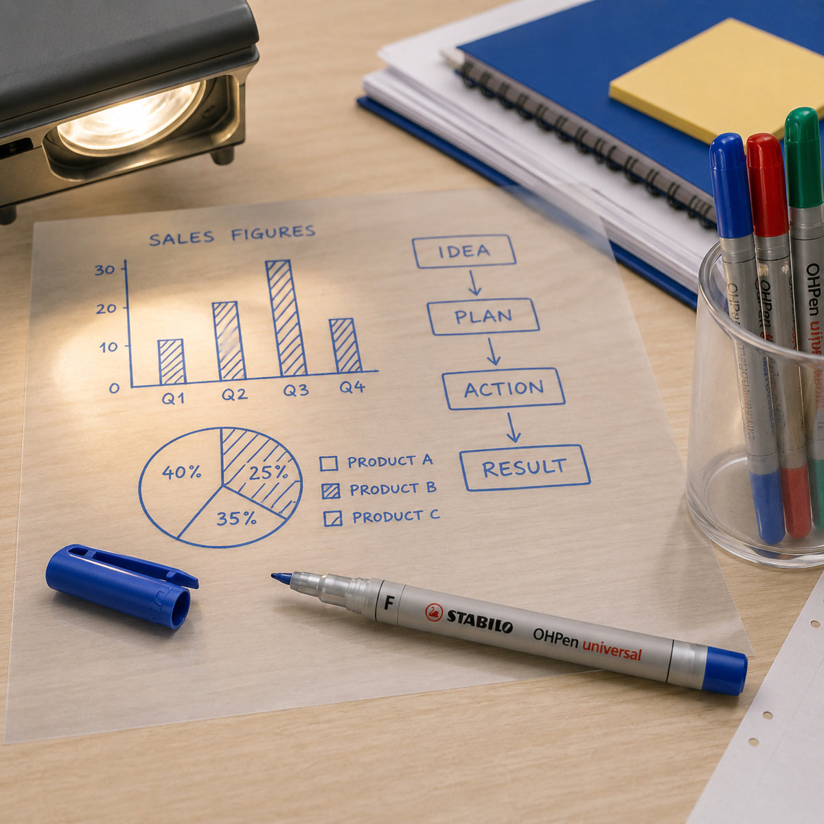 The STABILO OHPen Universal Fine Blue displayed beside presentation transparencies, an overhead projector and office stationery. Blue charts and diagrams illustrate its suitability for classroom instruction, office presentations and planning.