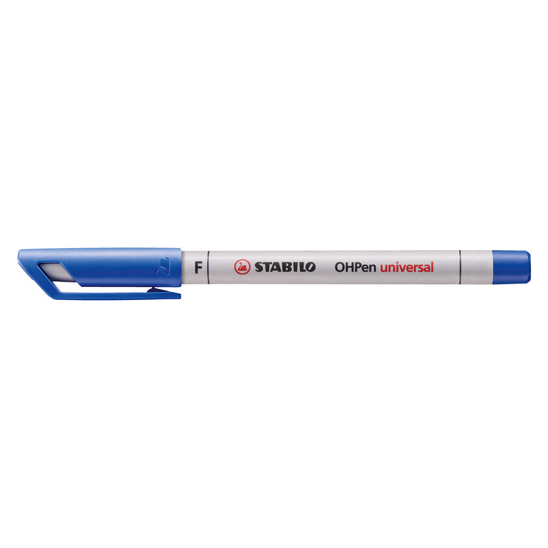 Full side profile of the STABILO OHPen Universal Soluble Fine Blue showing the complete pen with cap fitted. The image clearly displays the fine point designation, blue cap and sleek design for professional presentation use.