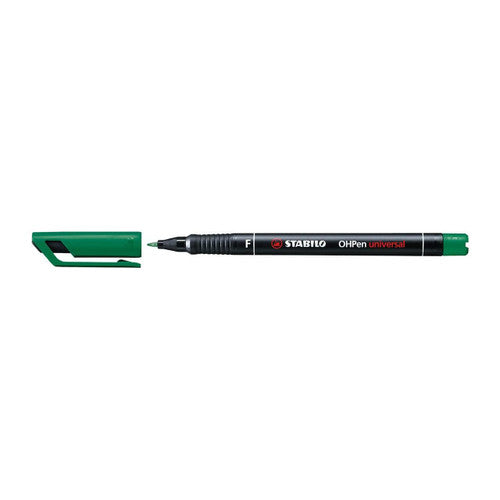Four Stabilo OHPen Universal permanent pens fanned out showing assorted colours