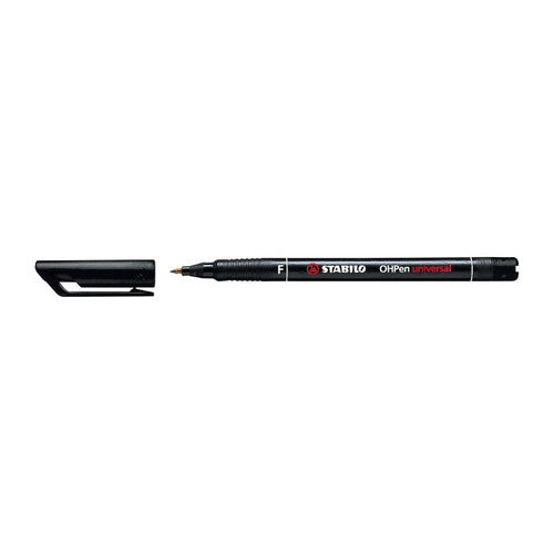 Side view of Stabilo OHPen showing black shaft, non-slip grip zone, and practical clip
