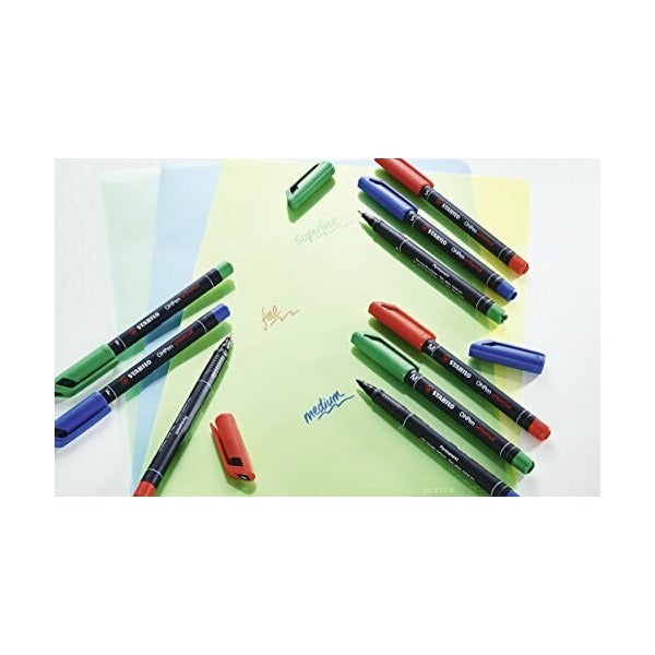 Stabilo OHPen Universal permanent ink line written on smooth surface at close range