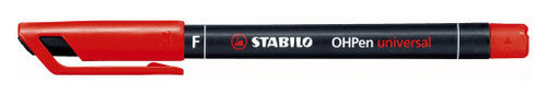 Stabilo OHPen Universal red permanent pen showing black shaft and non-slip grip zone