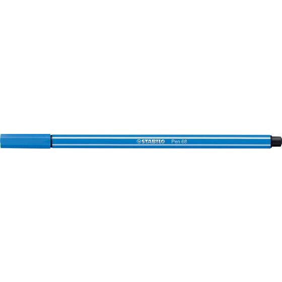 Stabilo Pen 68 blue fibre tip pen lying flat with the cap on, Stabilo Pen 68 printed in white along the barrel