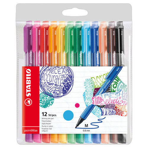 Stabilo PointMax felt-tip fineliner wallet containing 12 assorted colours