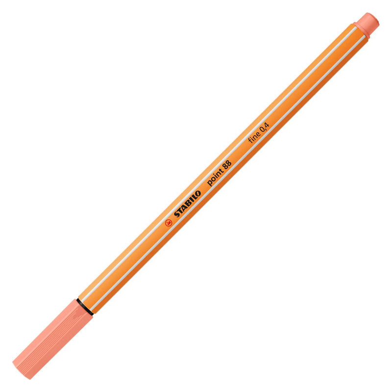 Full length product view of the Stabilo Point 88 Fineliner Apricot with cap attached on a white background, showcasing the complete pen design and soft apricot colour.