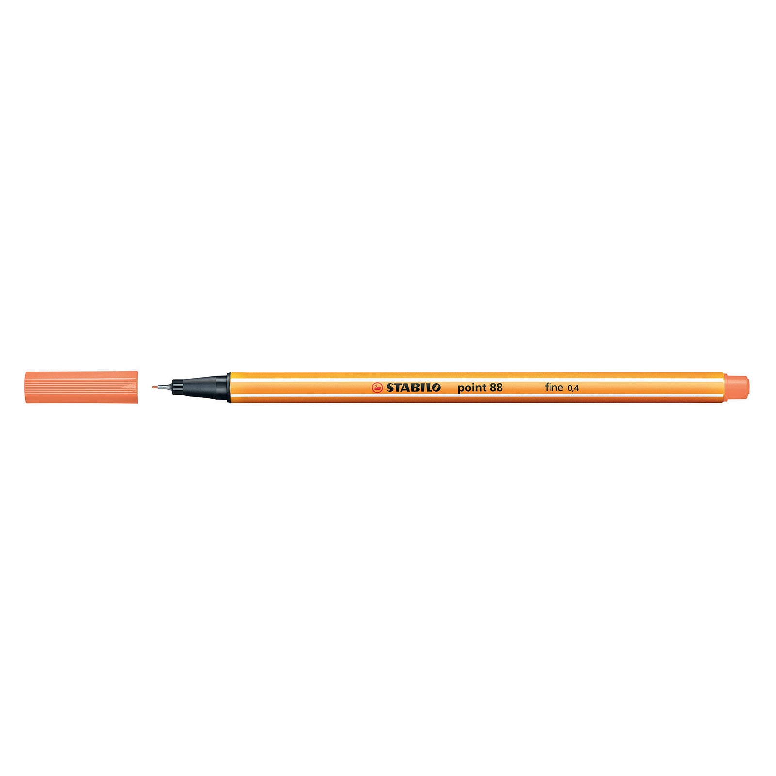 Horizontal product presentation of the Stabilo Point 88 Fineliner Apricot with the cap removed to display the fine writing tip, providing a clear view of the pen's precision engineering and vibrant finish.
