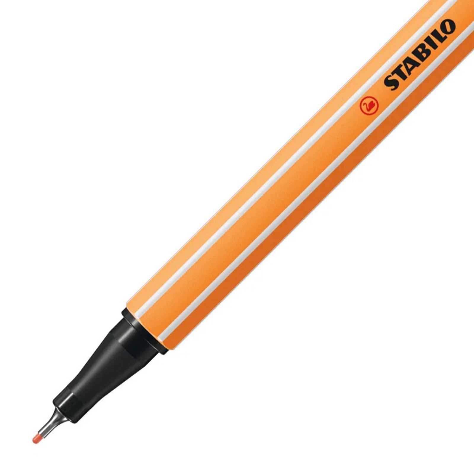 Detailed close up of the Stabilo Point 88 Fineliner Apricot showing the precision metal enclosed tip against a clean white background, highlighting the iconic hexagonal barrel and distinctive striped design.