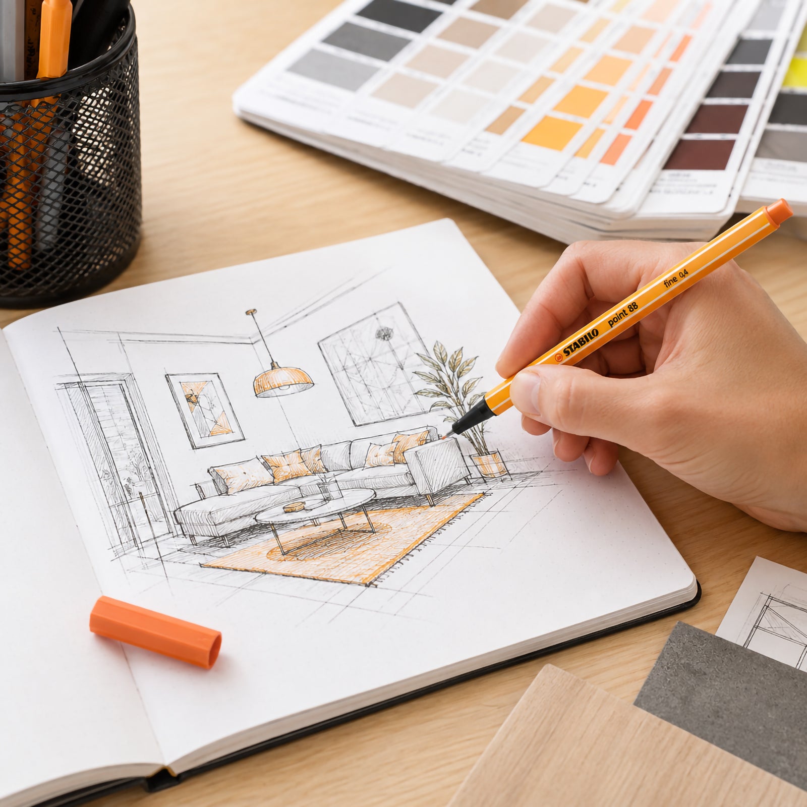 A designer uses the Stabilo Point 88 Fineliner Apricot to add soft apricot accents to an interior design sketch on a notebook. Colour swatches, drawing tools and a modern workspace surround the scene, highlighting the pen's precision and suitability for creative professionals.