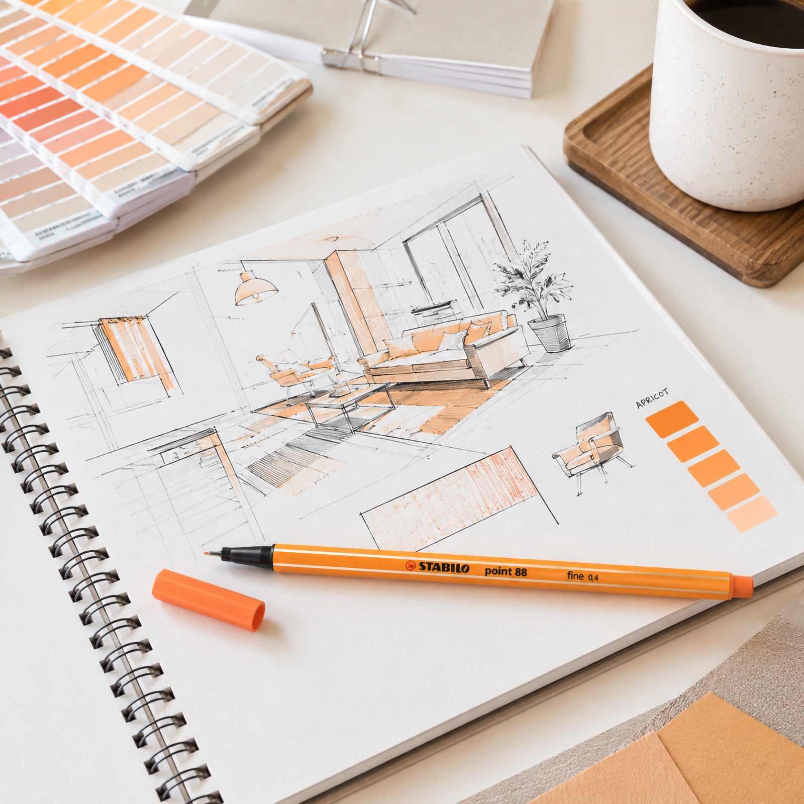 The Stabilo Point 88 Fineliner Apricot displayed on an open sketchbook featuring an interior concept drawing with coordinated apricot colour samples. A clean creative workspace reinforces its suitability for designers, students and artists.