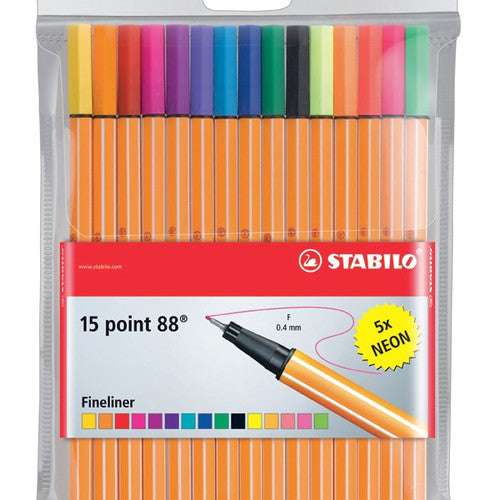 Stabilo Point 88 fineliner wallet open showing 15 assorted neon pens arranged in a row