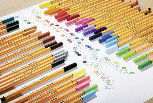 Single Stabilo Point 88 neon fineliner pen showing hexagonal striped barrel
