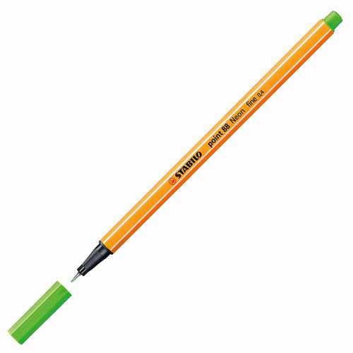 Side view of Stabilo Point 88 Green showing hexagonal barrel and striped design