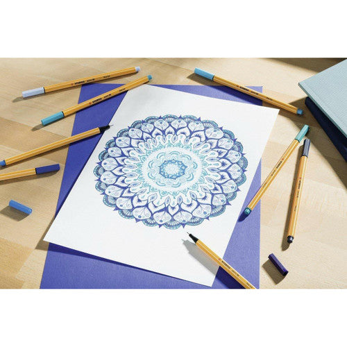 Stabilo Point 88 Ice Blue fineliners arranged in a row out of the box