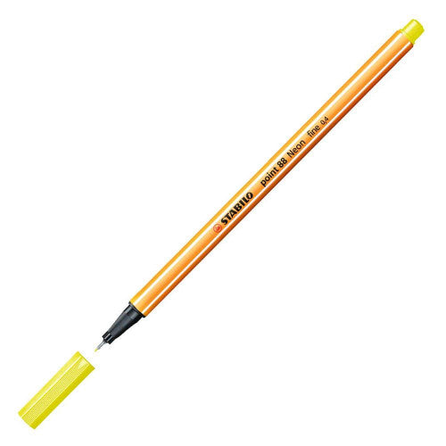 Box of 10 Stabilo Point 88 Neon Yellow fineliners, front view