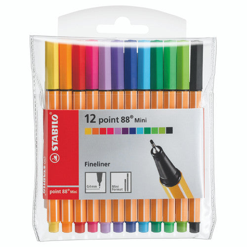 Stabilo Point 88 Mini fineliner wallet of 12 assorted colours, front view on white background
