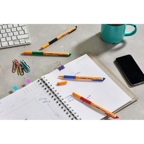 Ten Stabilo pointVisco pens fanned out showing full range of assorted ink colours