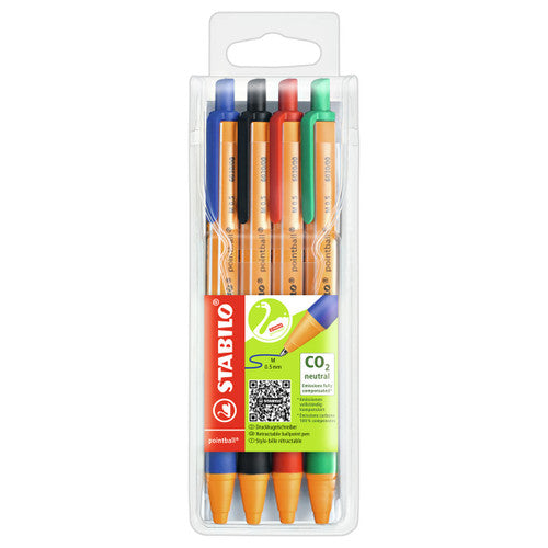 Stabilo Pointball assorted wallet of 4 ballpoint pens fanned out showing blue black green and red