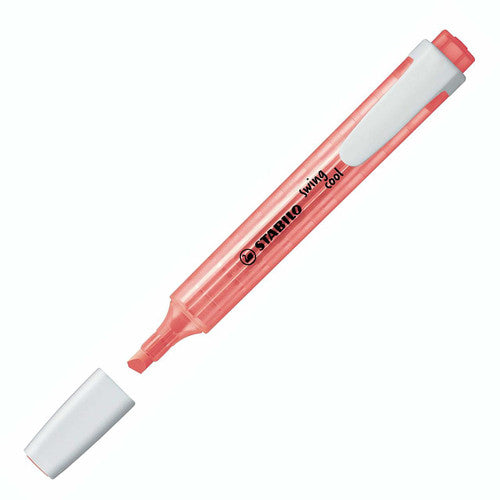 Side view of a single Stabilo Swing Cool Red Highlighter displaying the clip and grip zone
