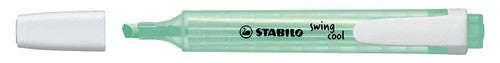 Box of 10 Stabilo Swing Cool Highlighters in turquoise on a white background