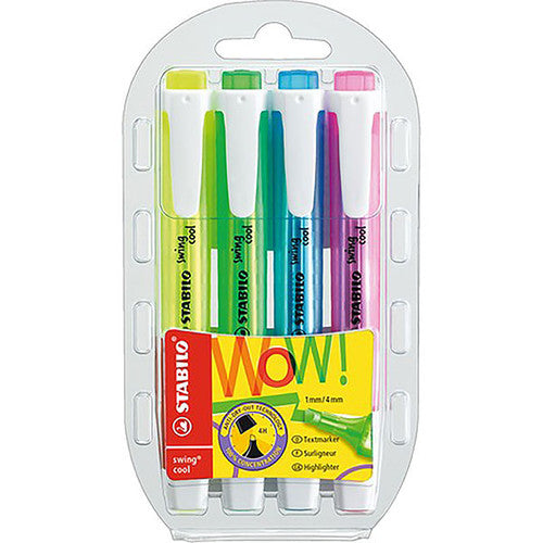 Stabilo Swing Cool Highlighter Wallet of 4 assorted fluorescent colours, front view of packaging